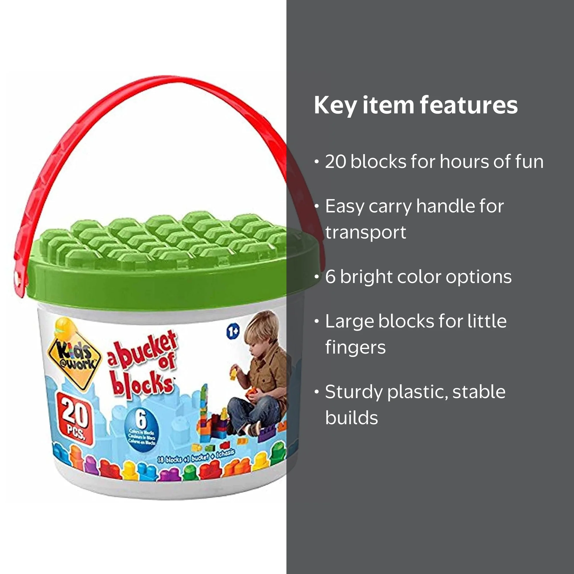 Kids@Work Bucket of Blocks, 20 Building Blocks with Storage Bucket