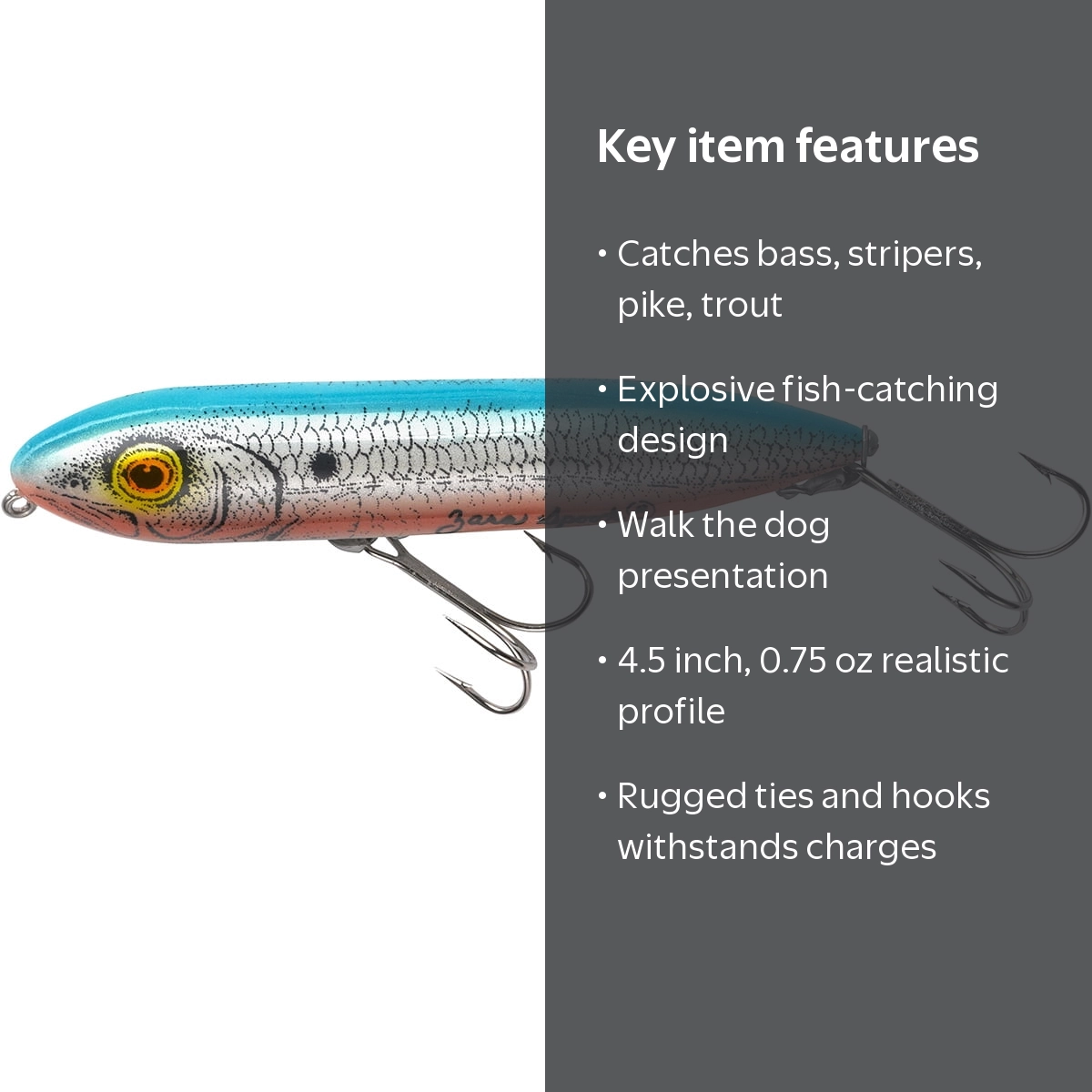 Heddon Zara Spook Topwater Fishing Lure, Blue, Plastic, 4 1/2