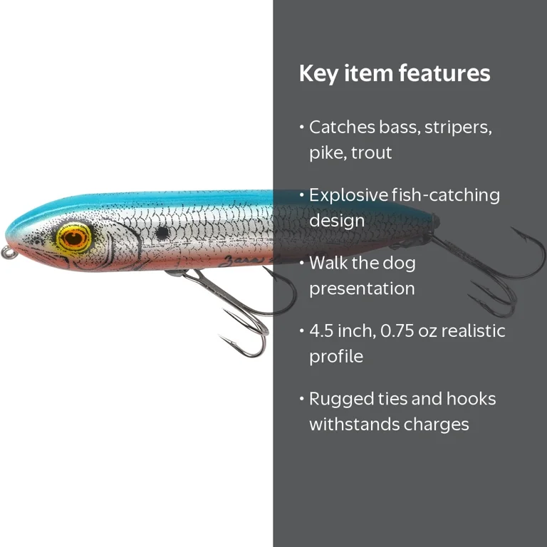 Heddon Zara Spook Topwater Fishing Lure, Blue, Plastic, 4 1/2