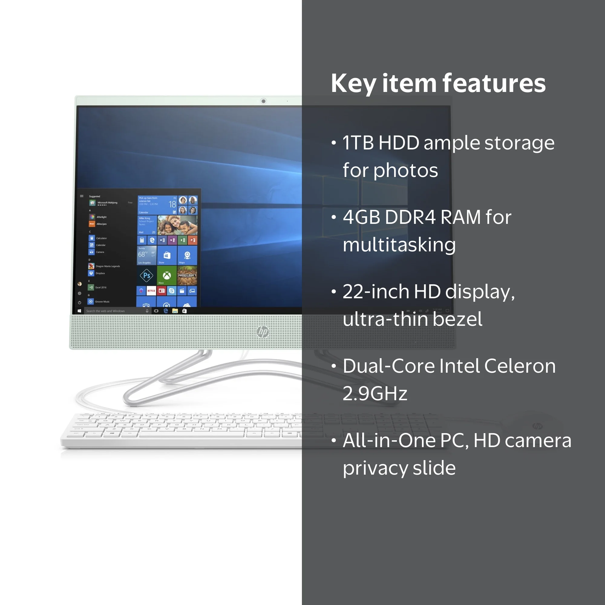 HP 22-c0073w All-in-One Desktop Computer, 4GB, 1 TB HD, Mint