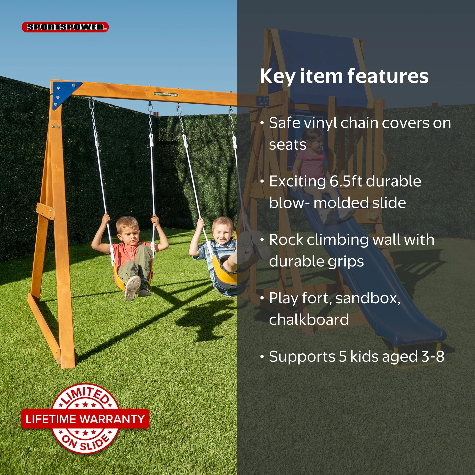 Sportspower Wooden Swing Set - Outdoor Playset with Slide