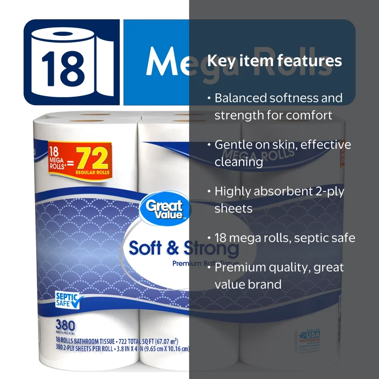 Great Value Soft & Strong 2-Ply Toilet Paper, 18 Mega Rolls 72
