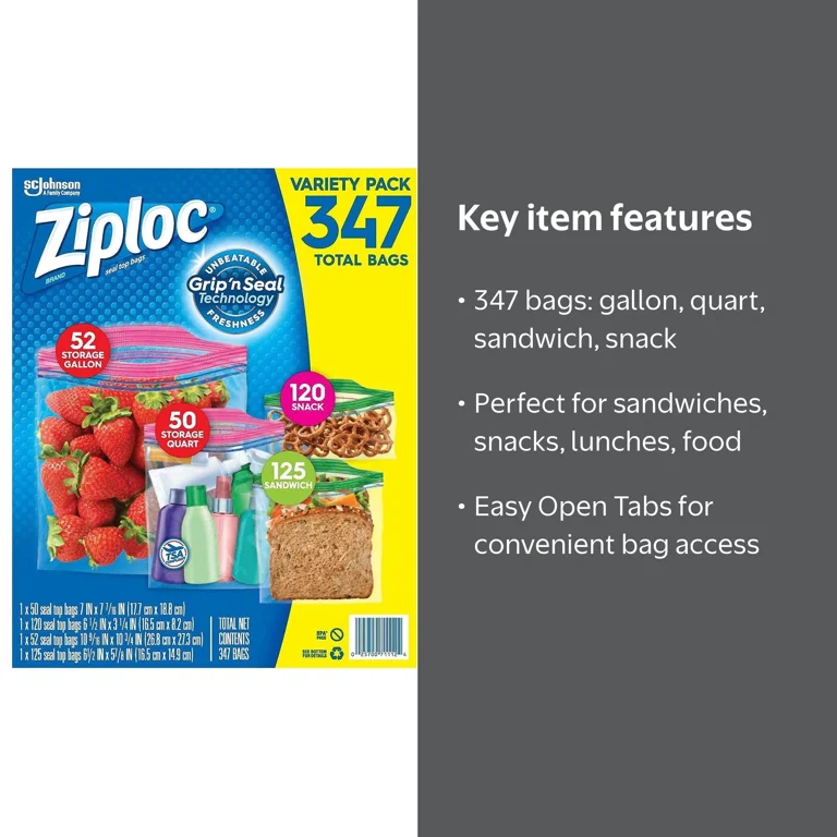 Ziploc Double Zipper Bags, Variety Pack, 347 ct, Easy Open Tabs
