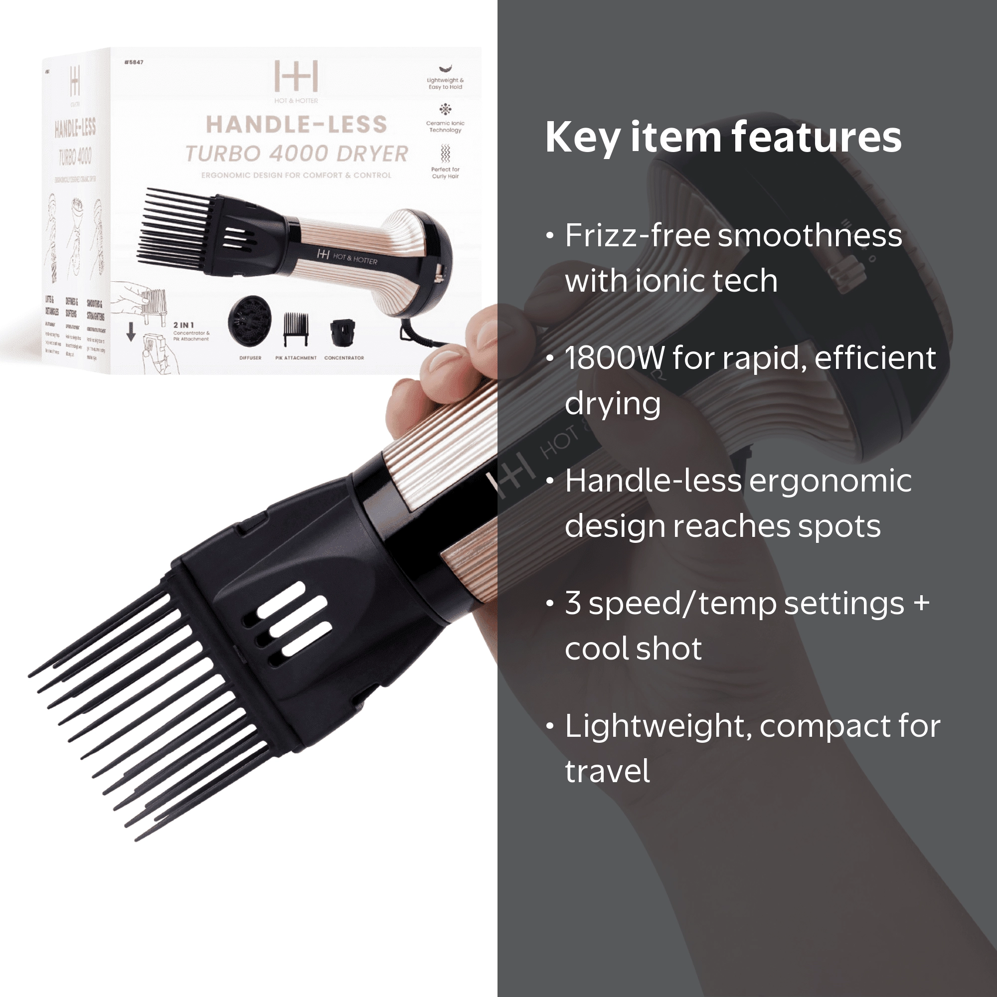Hot & Hotter Turbo 4000 Compact Ceramic Hair Dryer, Ionic, Gold