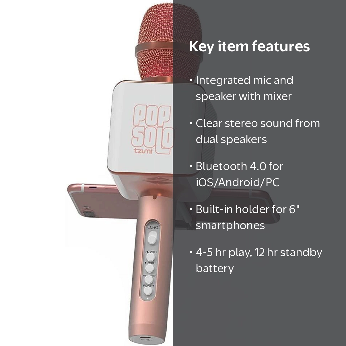 Tzumi PopSolo Wireless Bluetooth Karaoke Microphone (Rose Gold