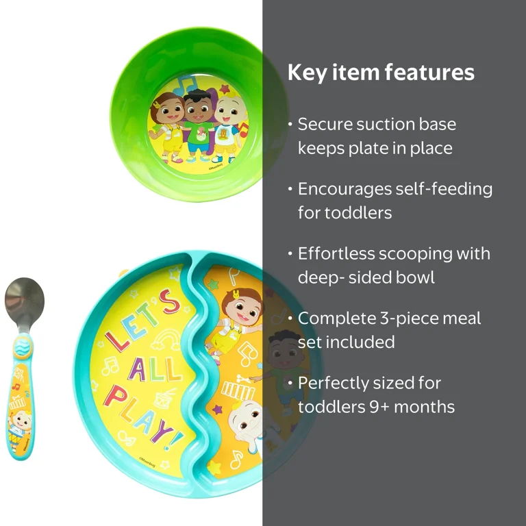 CoComelon 3-Piece Mealtime Set with Divided Suction Plate, Bowl