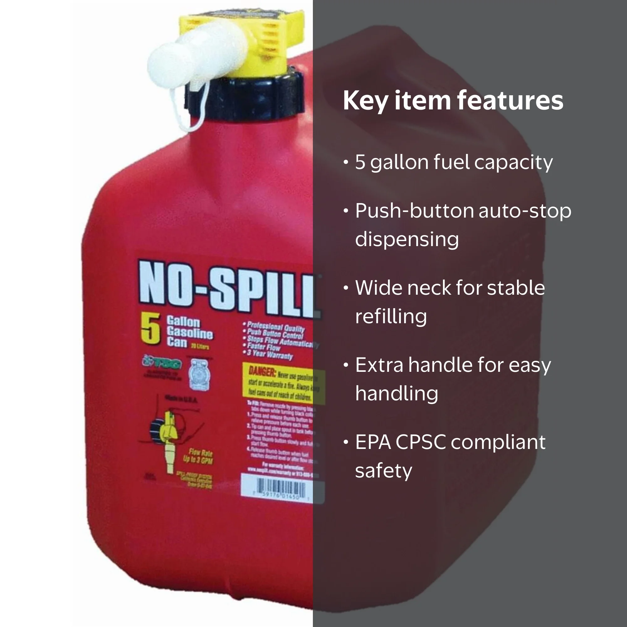 Stens No-Spill 1450 5 Gallon Fuel Can - Fast Fill, Easy Use