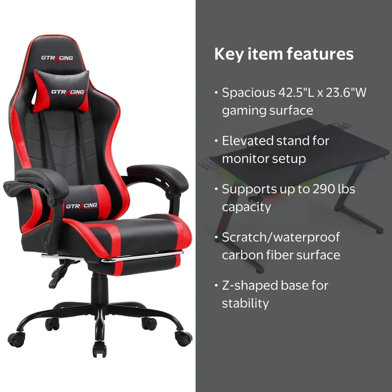 GTRACING Gaming Chair and Desk Bundle, Red, Metal, Plastic
