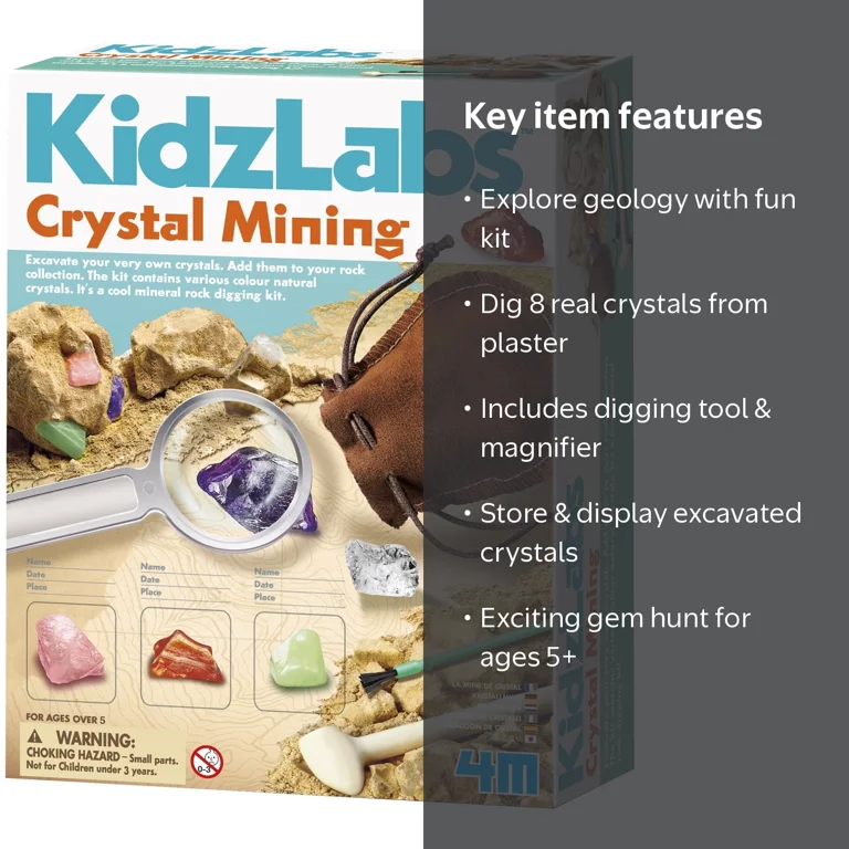4M, KidzLabs Crystal Mining Kit, includes 8 crystals, dig for