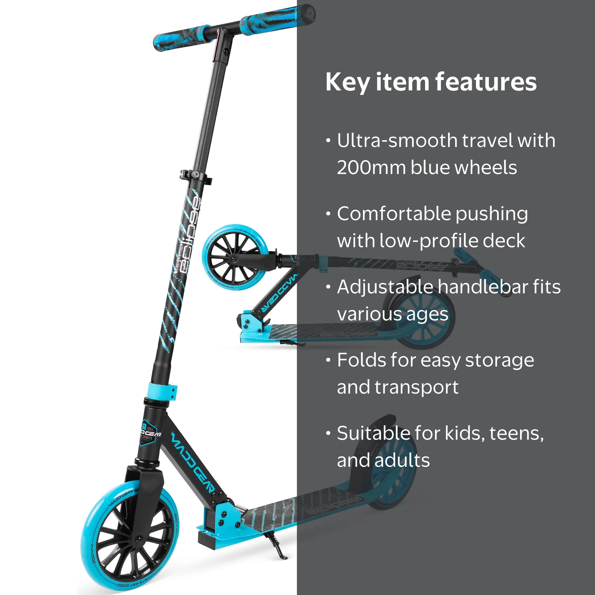 Madd Gear Eclipse Commuter Scooter with 200mm Blue Wheels