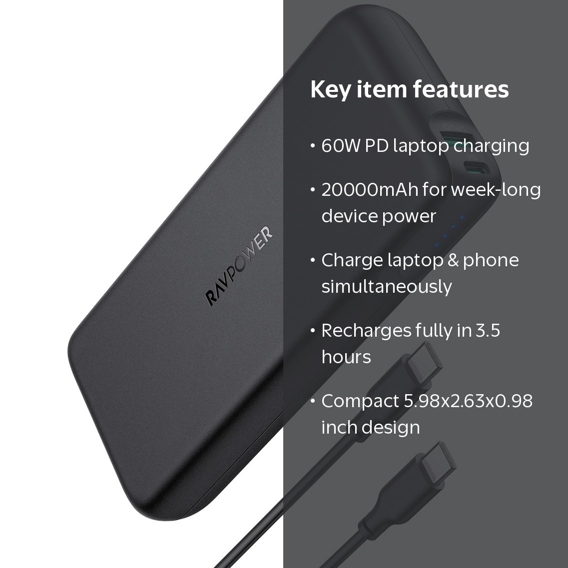 60W Portable Charger, RAVPower 20000mAh Power Bank with 2-Port