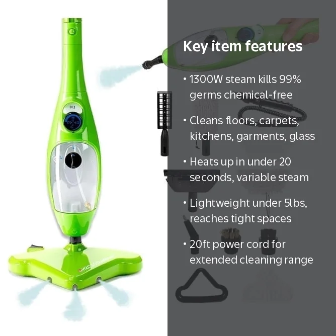H2O, Dual Blast Steam Cleaner, 5-in-1, Green, Handheld and Floor