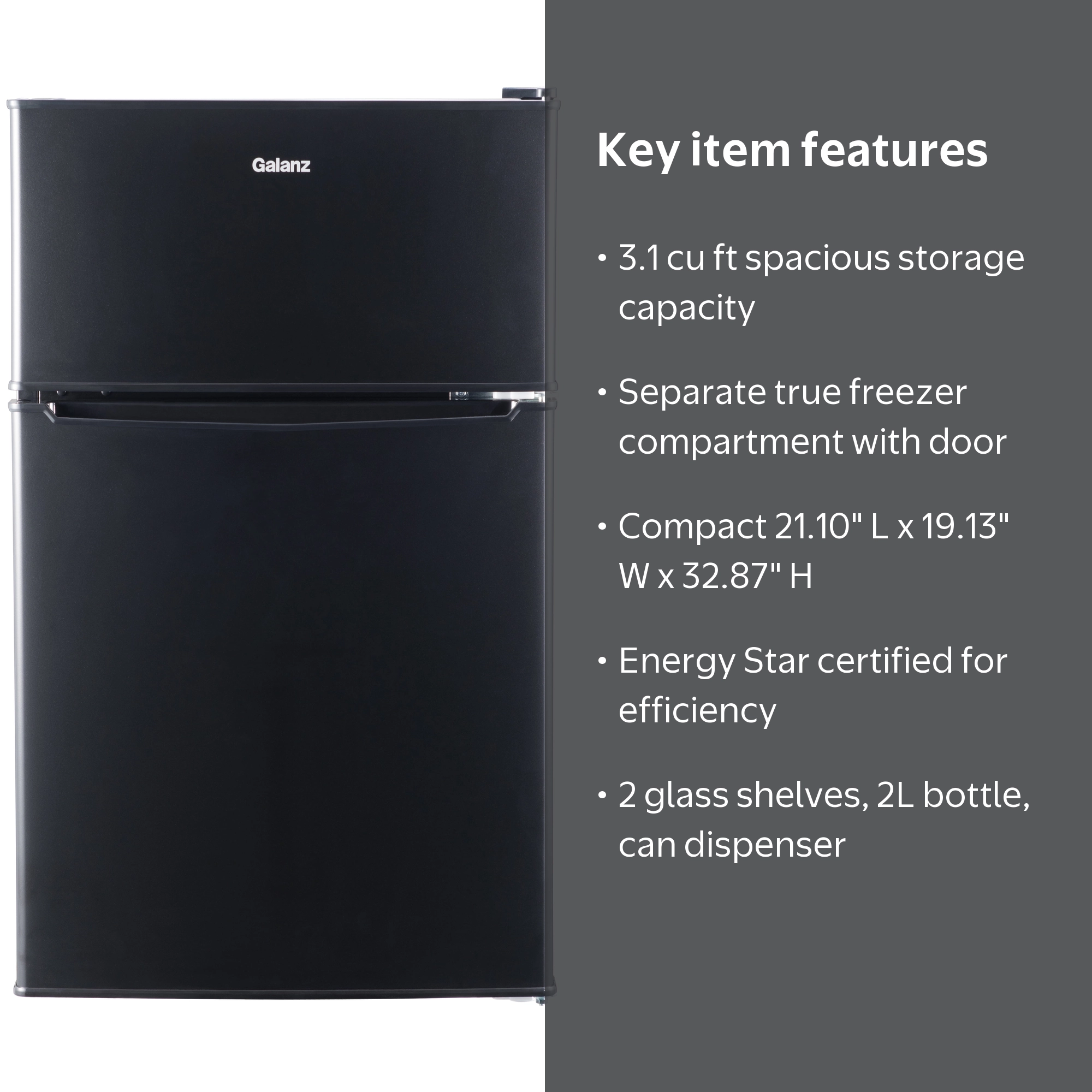 Galanz 3.1 Cu ft Two Door Mini Fridge, Black, Reversible Doors