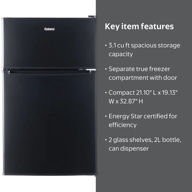 Galanz 3.1 Cu ft Two Door Mini Fridge, Black, Reversible Doors