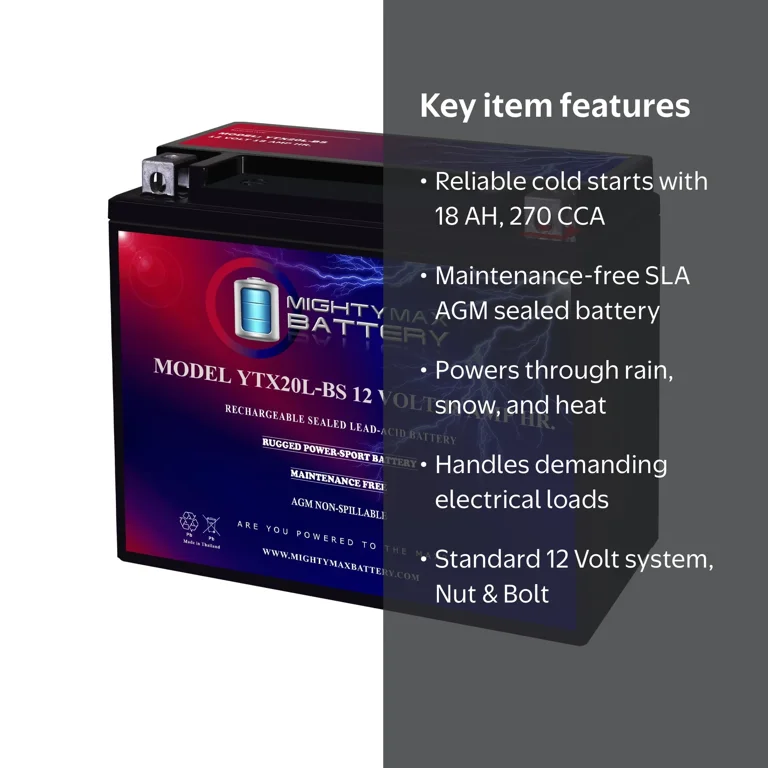 Mighty Max Battery, YTX20L-BS AGM SLA Rechargeable Battery, 12V