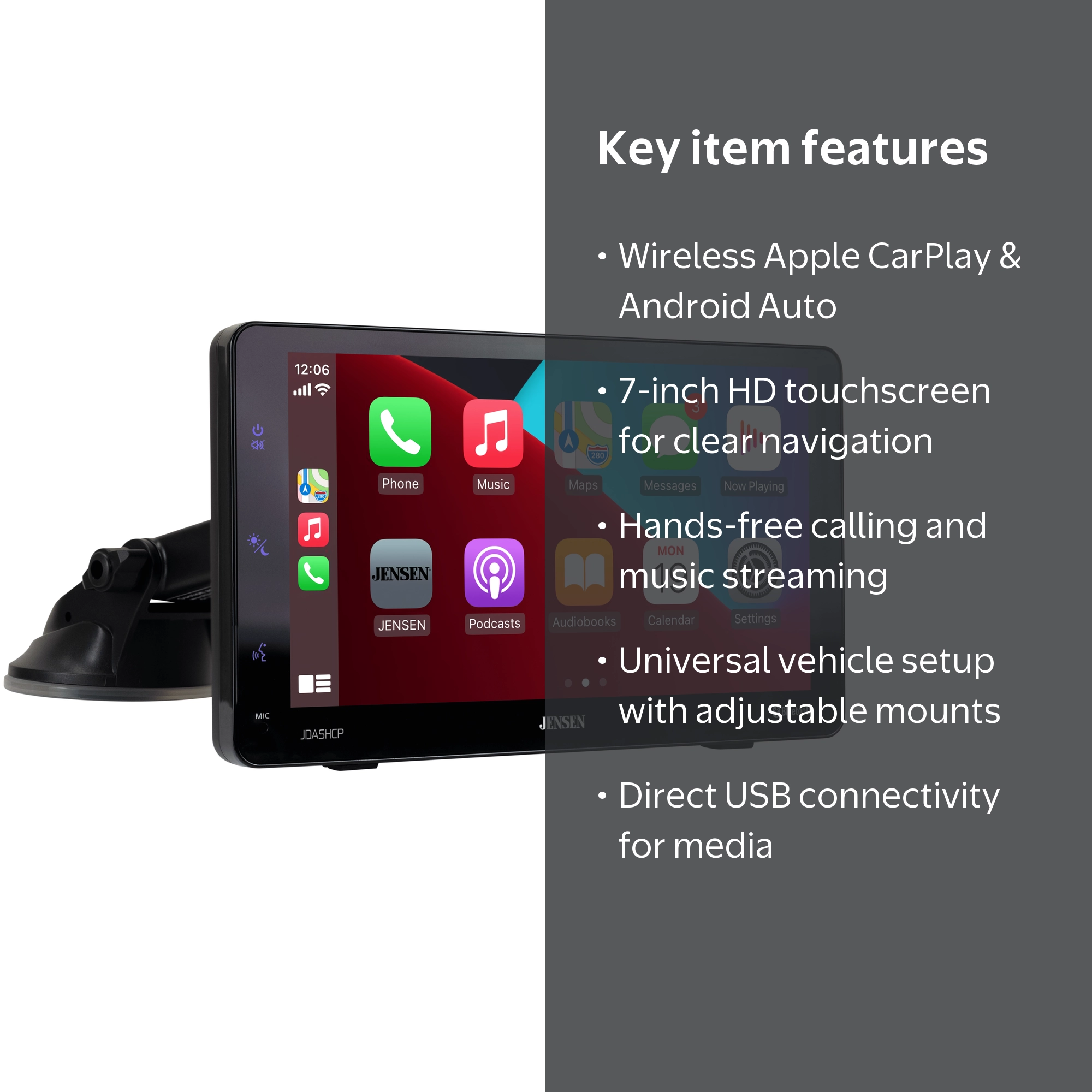 Jensen, Portable Wireless CarPlay Android Auto, 7 inch touchscreen
