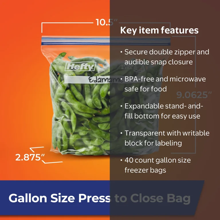 Hefty Large Gallon Storage Press to Close Freezer Bags, 40 Count