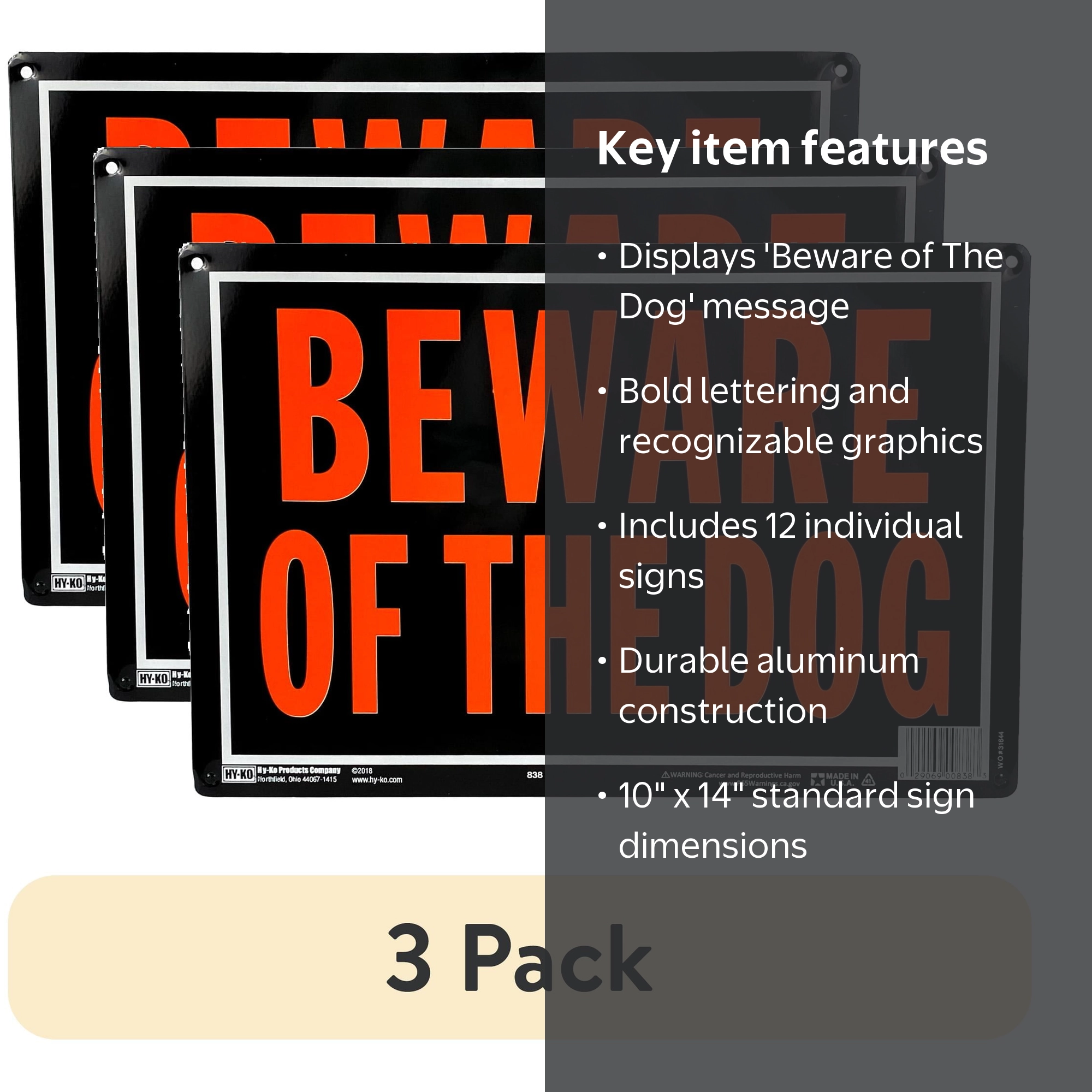 Unbrand 3 Pack Hy-Ko Aluminum Beware of Dog Sign 9.25 x 14 Inch