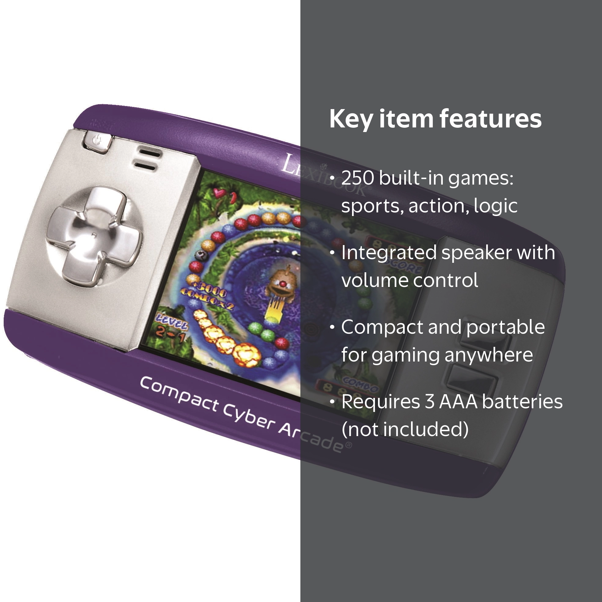 Lexibook Compact Cyber Arcade Portable Gaming Console, 250 Games