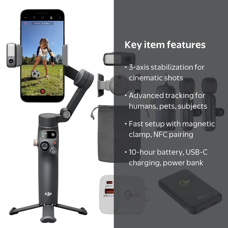 DJI Osmo Mobile 8 Smartphone Gimbal, w/Lav Mic, Power Bank Wall