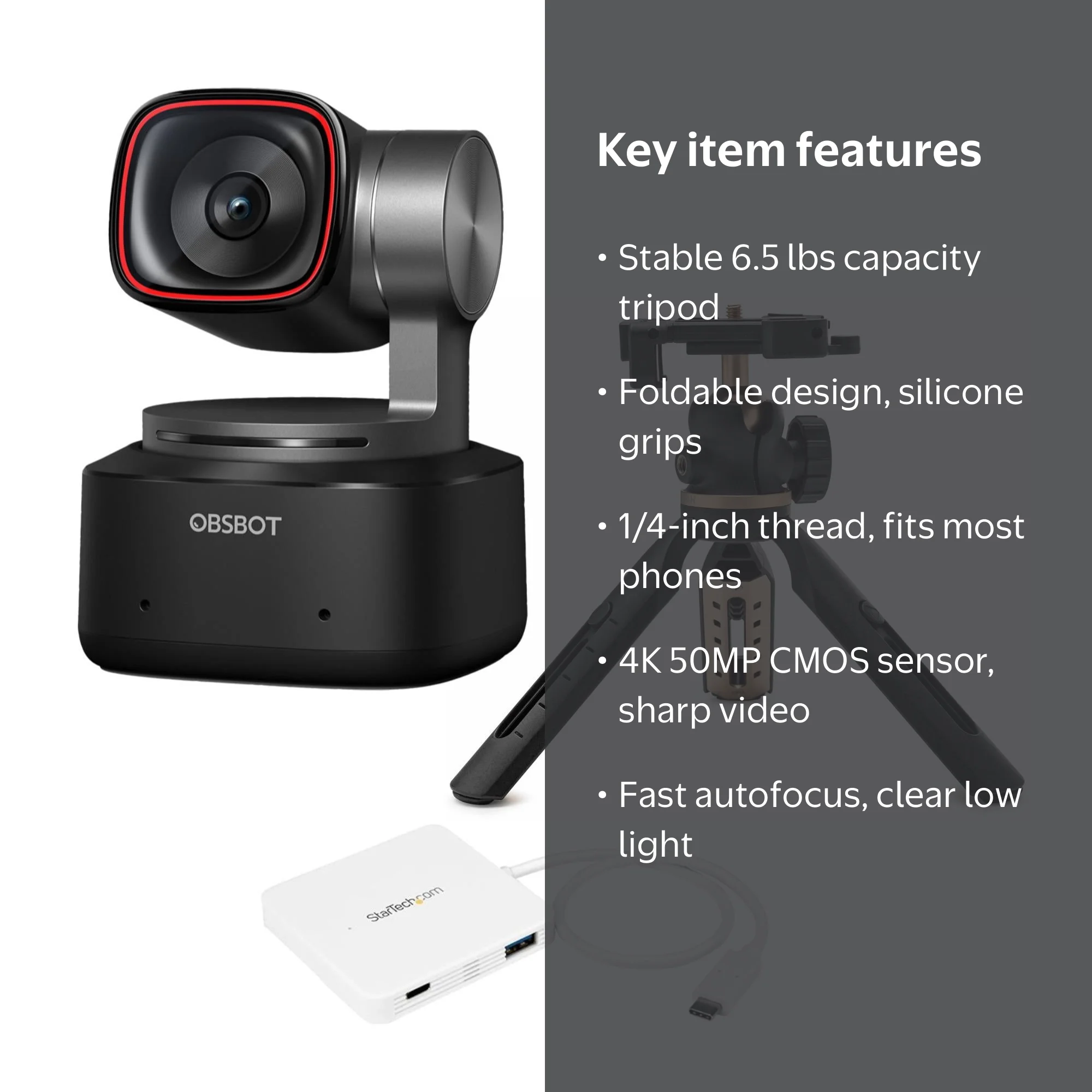 OBSBOT, Tiny 2 AI-Powered PTZ 4K Webcam, Dual Native ISO