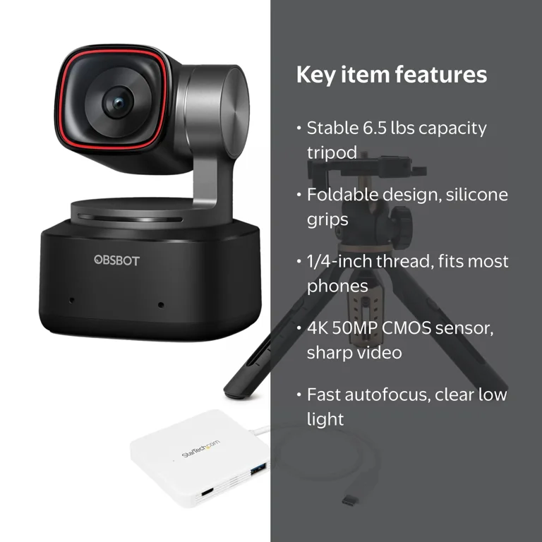 OBSBOT, Tiny 2 AI-Powered PTZ 4K Webcam, Dual Native ISO