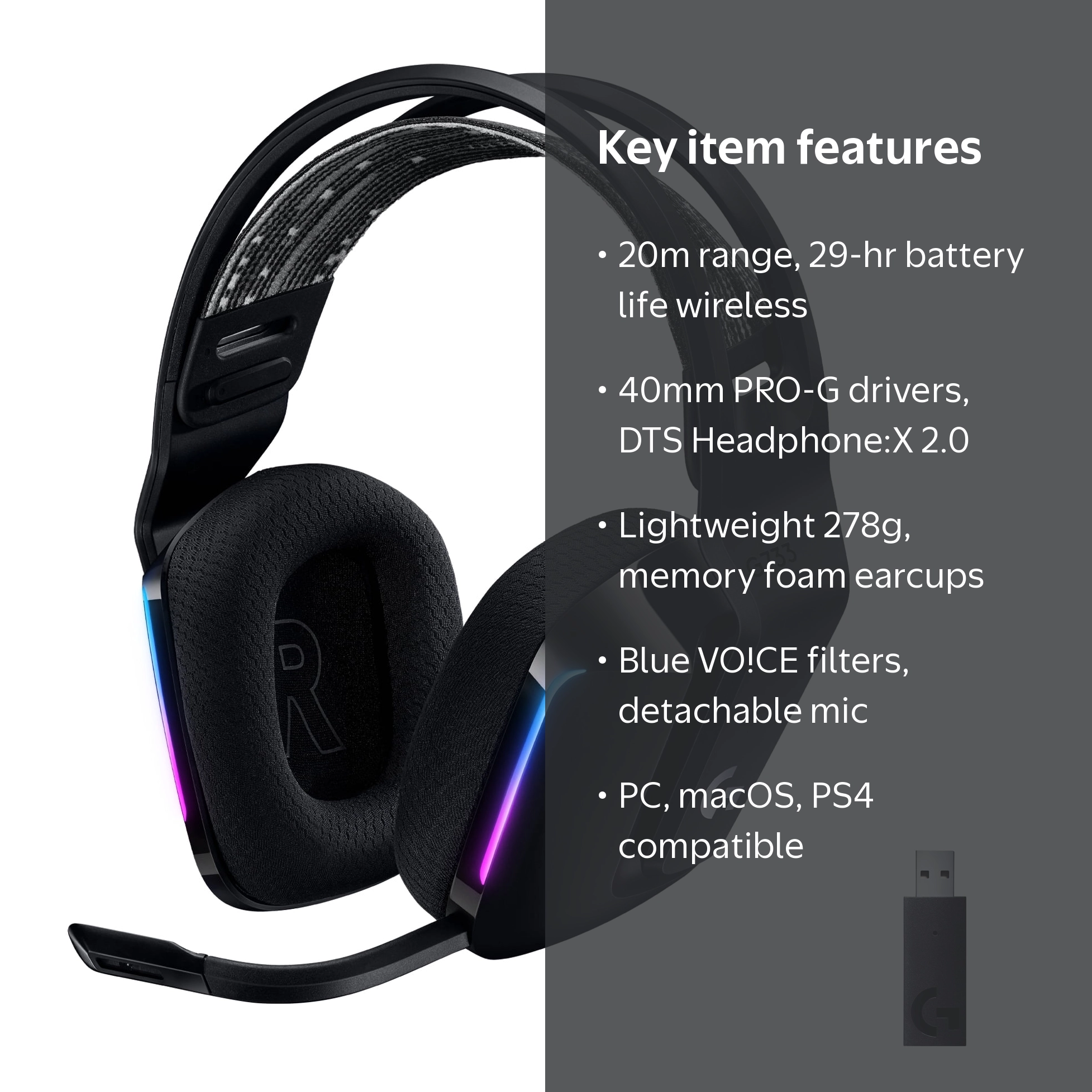 Logitech, Gaming Headset, LIGHTSPEED Wireless, RGB, Blue VO!CE mic