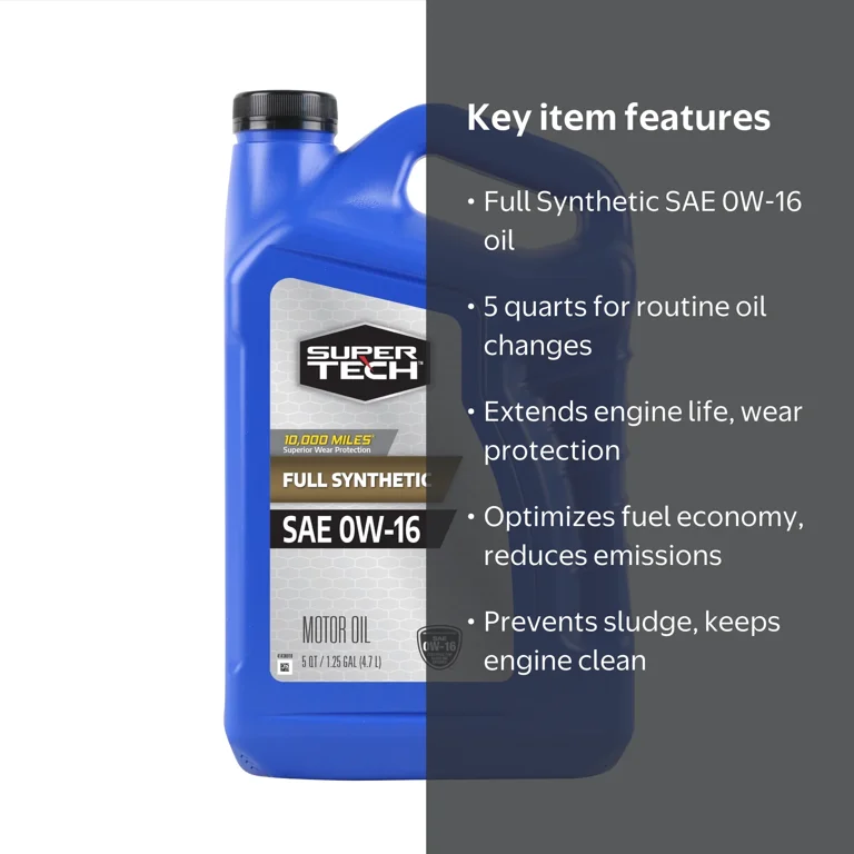 Super Tech Full Synthetic SAE 0W-16 Motor Oil, 5 Quarts for Toyota