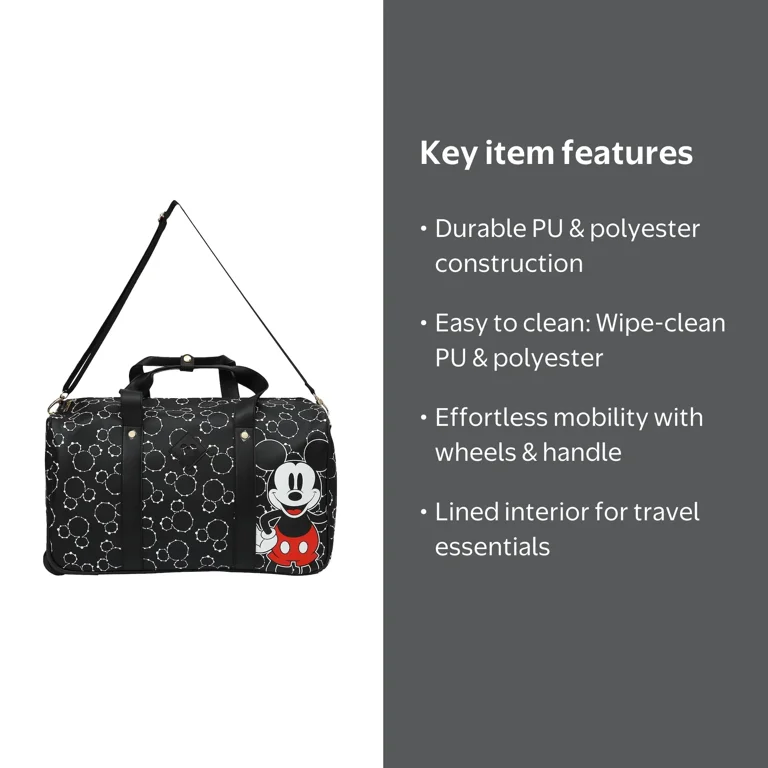 Bioworld Mickey Mouse Wheeled Duffle Bag, Disney Travel Trolley
