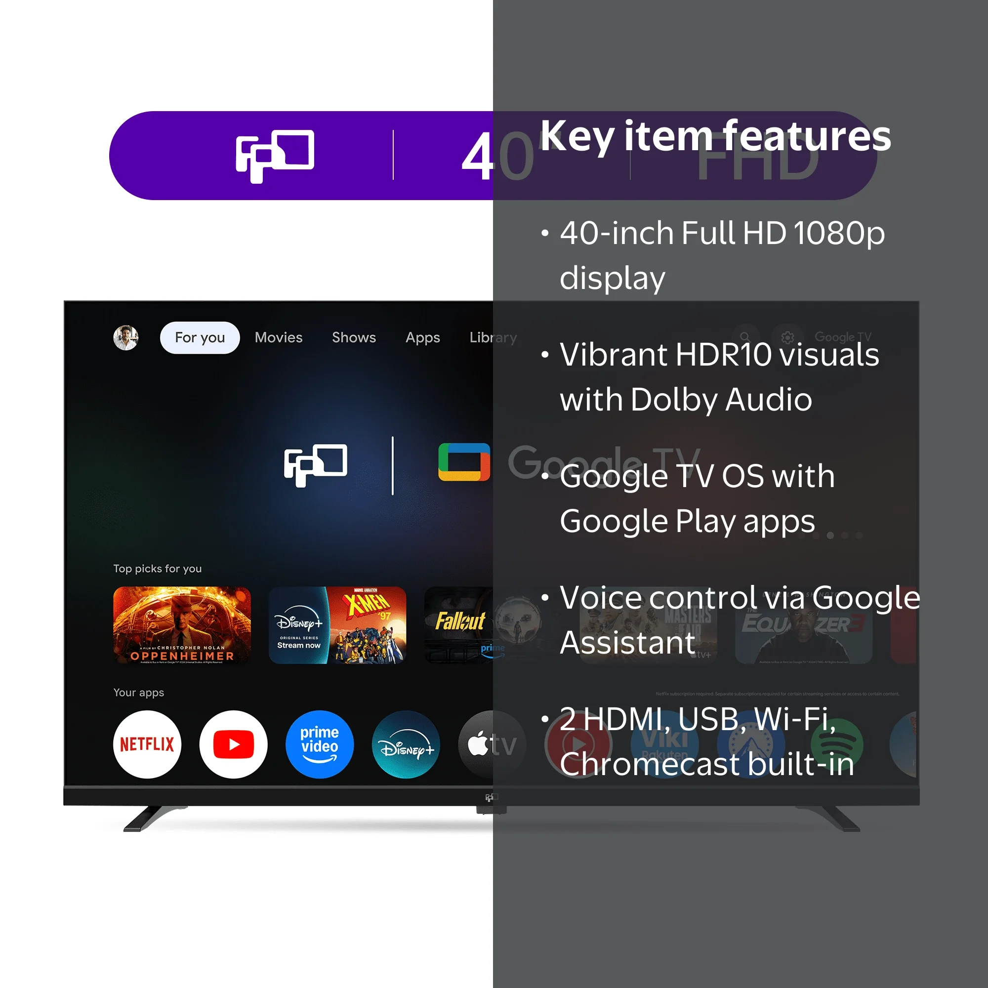 FPD 40-inch Google TV Smart OS 2025 Full HD 1080p HDR10 & Dolby