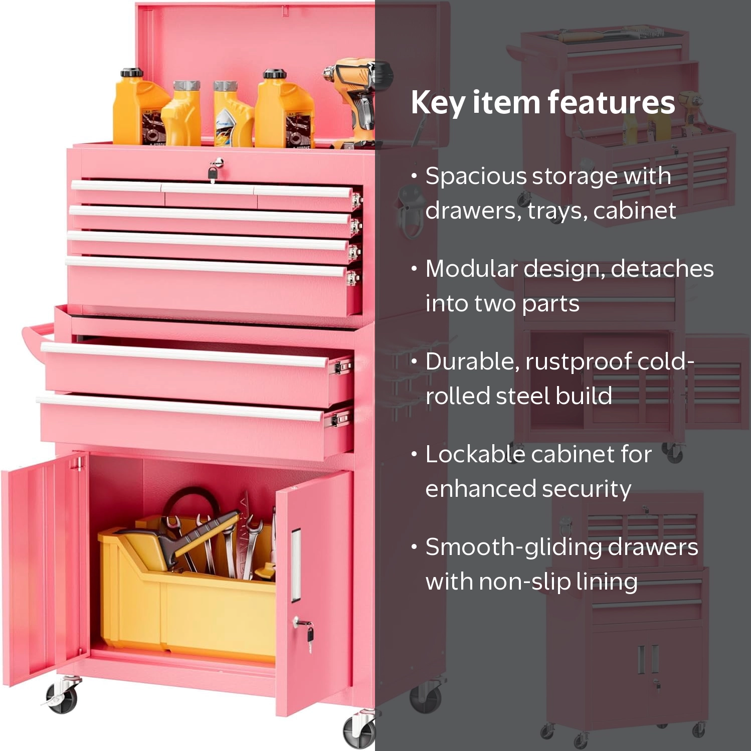 SOLAURA, Rolling Tool Box, 8-Drawer, Pink, Lockable Wheels