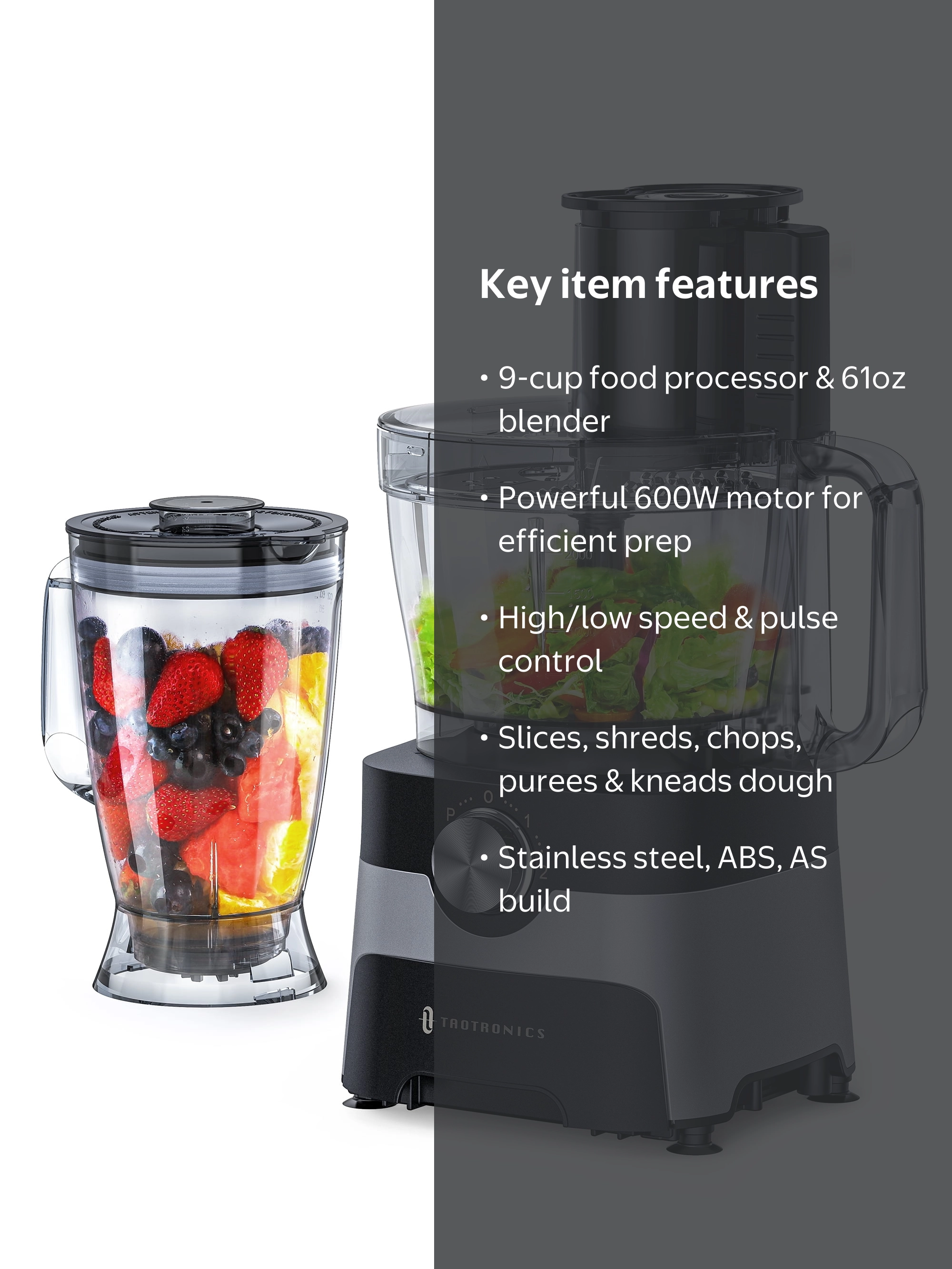 Food Processor and Blender Combo, TaoTronics 1.8L 600W 9-Cup Food
