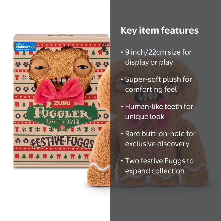 Fuggler Festive Fuggs 9 inch (Gingerbread) Soft Plush, Ugly