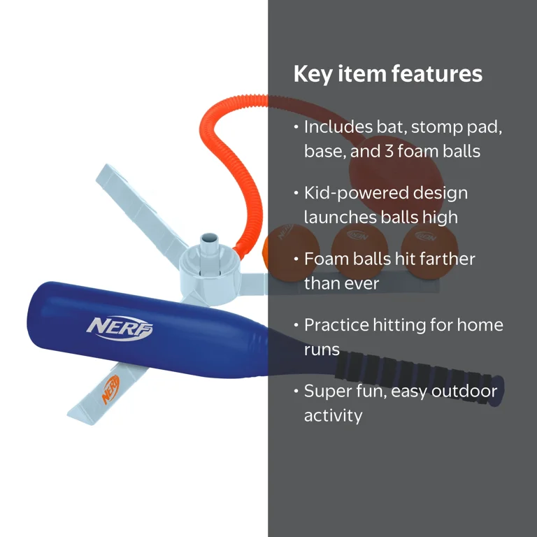 Nerf Airtee Kids Baseball Stomp Launcher Tee Set with 21 in Bat +