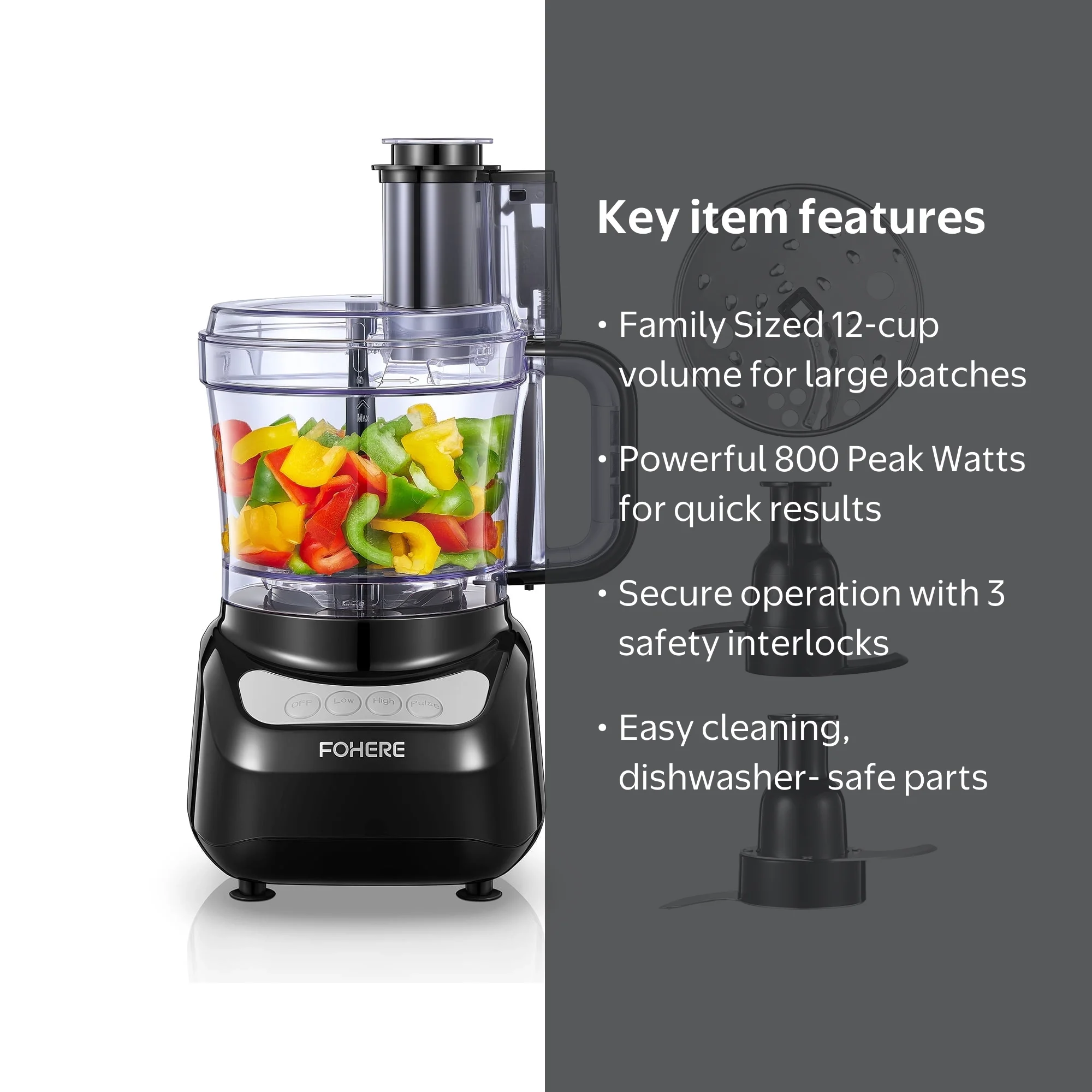 FOHERE 12-Cup Food Processor, Compact Electric Chopper with