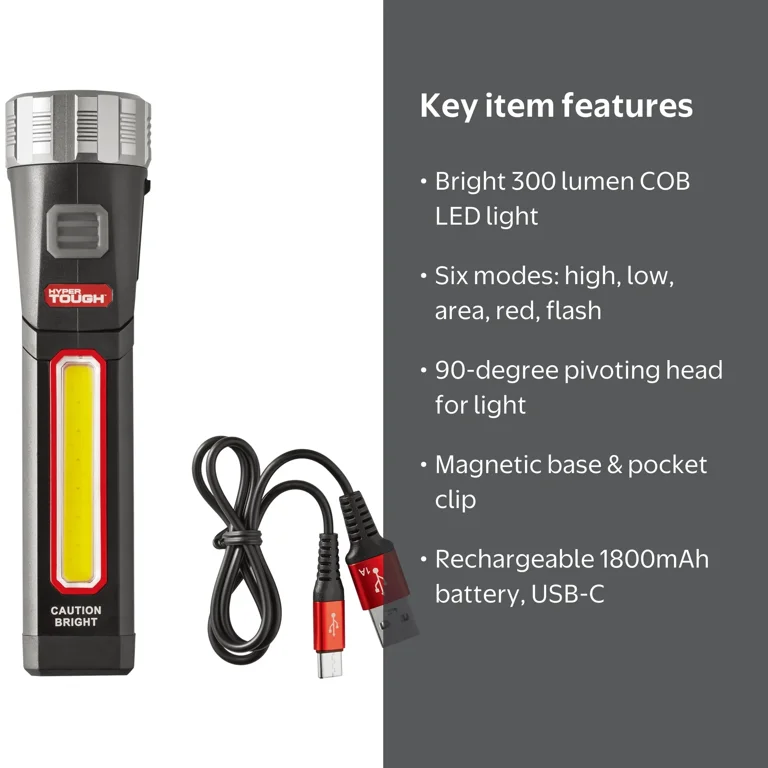 Hyper Tough Rechargeable Work Light with 300 Lumens, Rotating Head