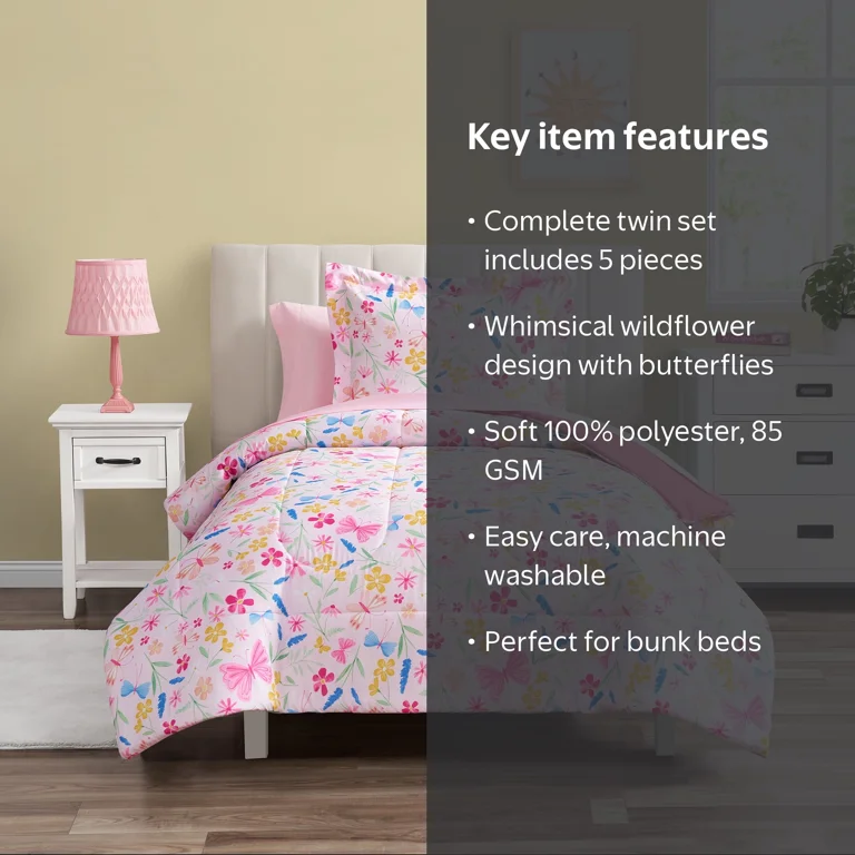 Your Zone 5 Piece Pink Wildflower Polyester Bedding Set for Girls