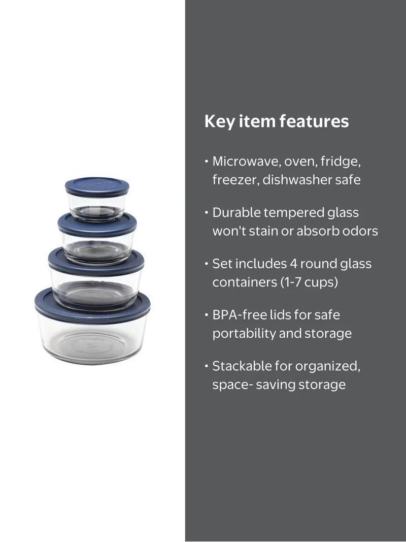 Anchor Hocking Glass Food Storage Containers with Lids, 8 Piece