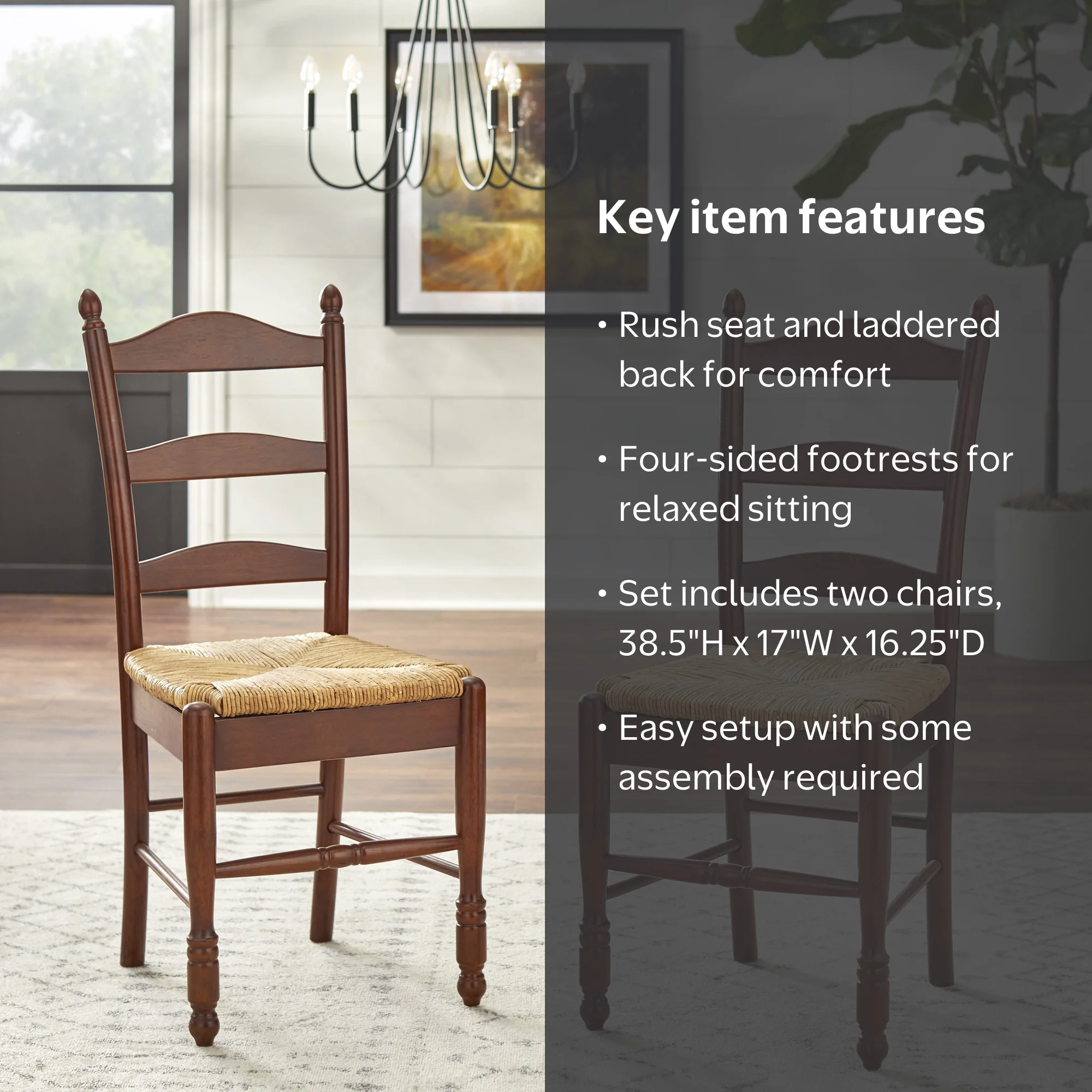 TMS Indoor Ladder Back Dining Chair Set of 2, Walnut, Rush Seat
