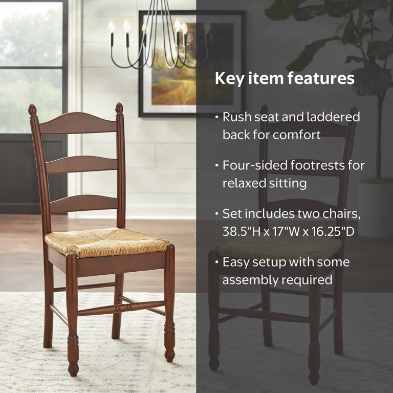 TMS Indoor Ladder Back Dining Chair Set of 2, Walnut, Rush Seat