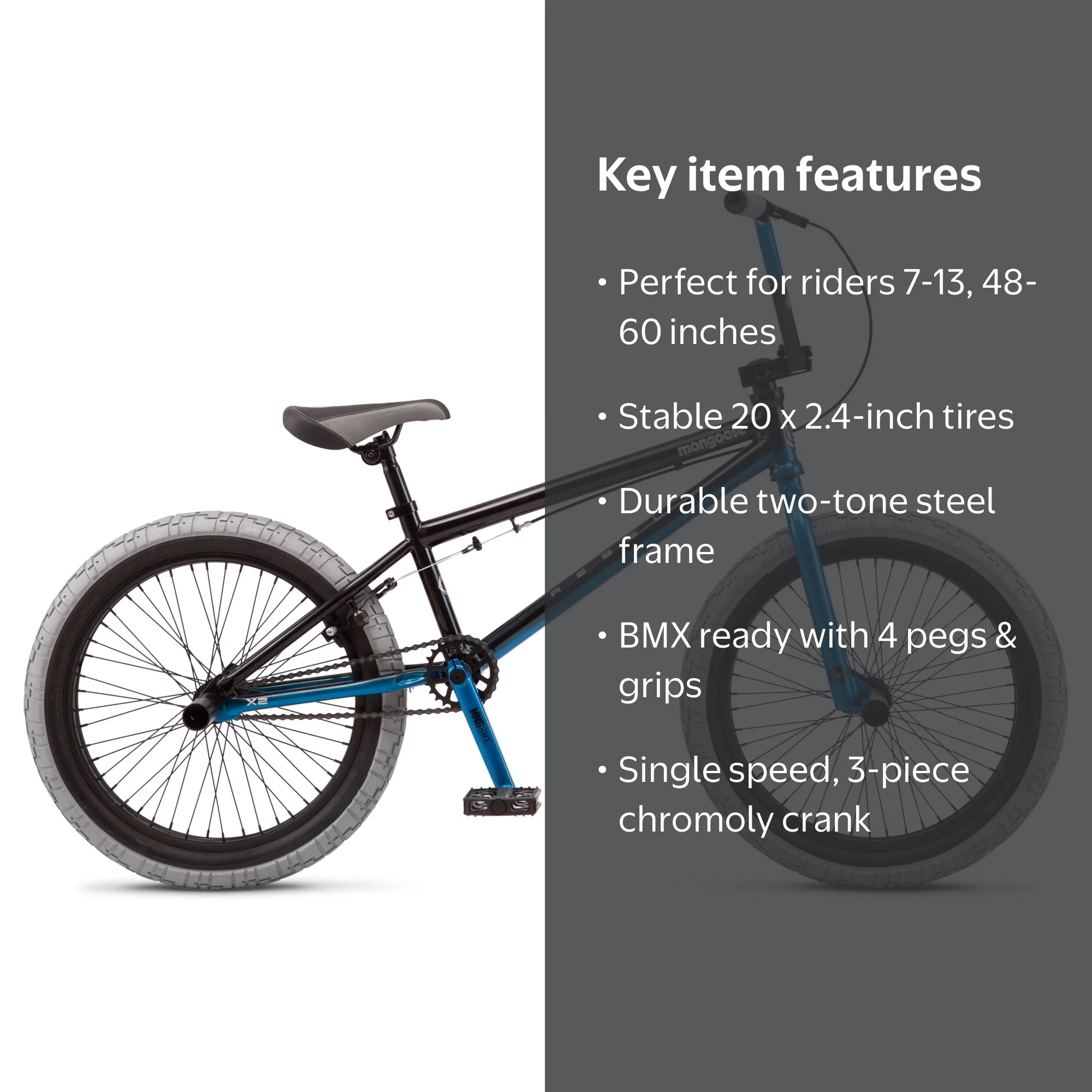 Mongoose, Kids BMX Bike, 20, Black and Blue for Children Ages 6+