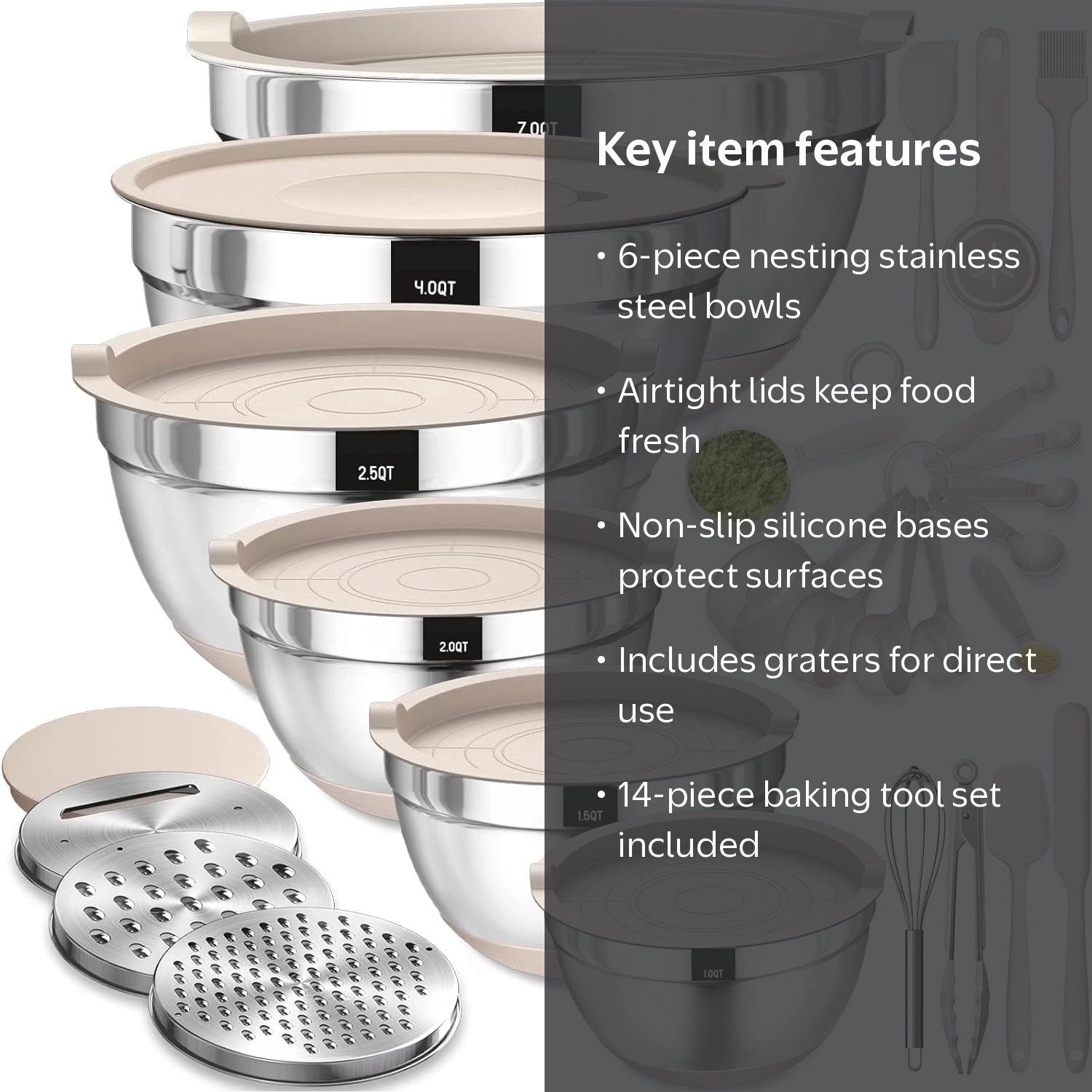 AOKIWO Stainless Steel Mixing Bowls Set with Airtight Lids, 6