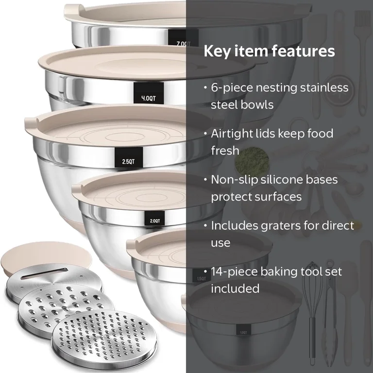 AOKIWO Stainless Steel Mixing Bowls Set with Airtight Lids, 6