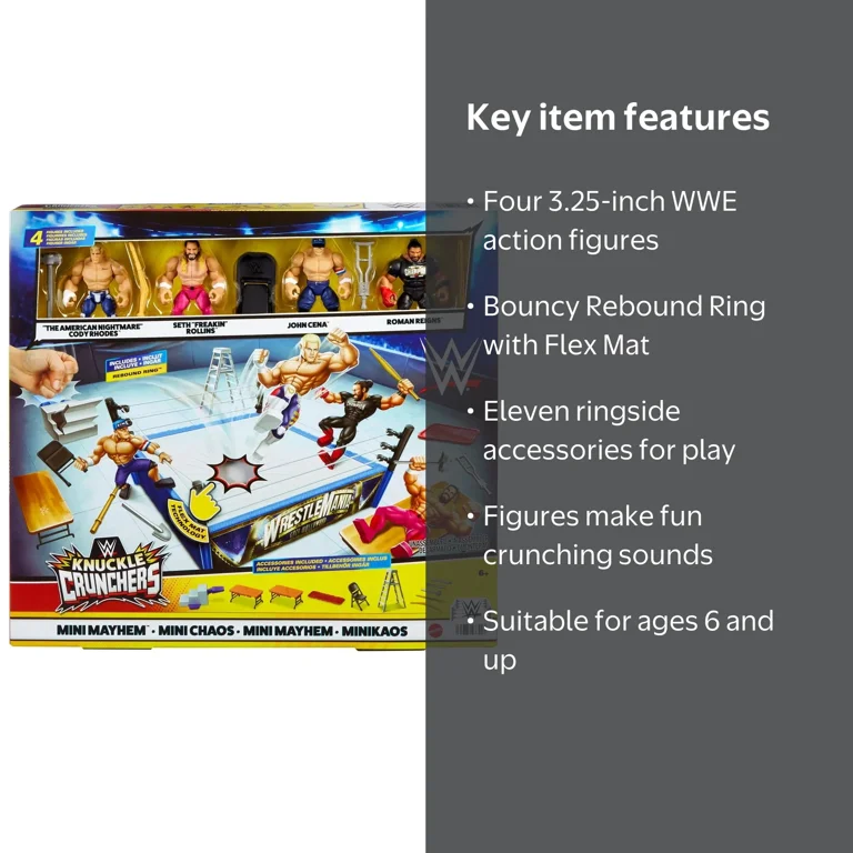 WWE Knuckle Crunchers Mini Mayhem Ring Bundle, 4 Action Figures