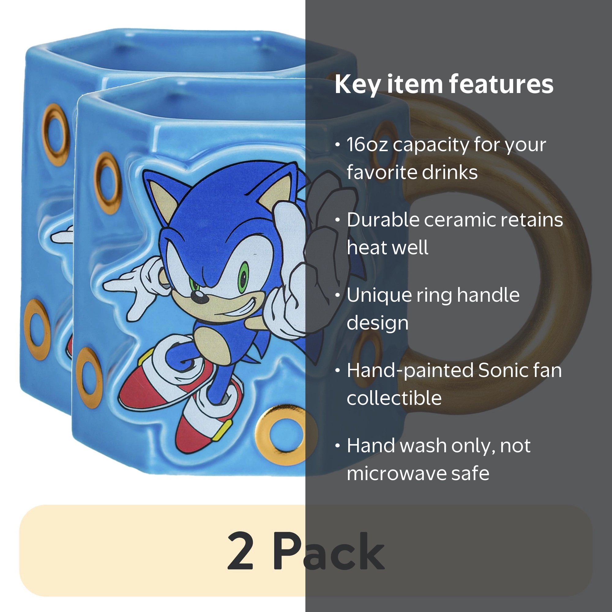 2 pack) Zak Designs 16oz Sonic The Hedgehog Ceramic Sculpted Mug