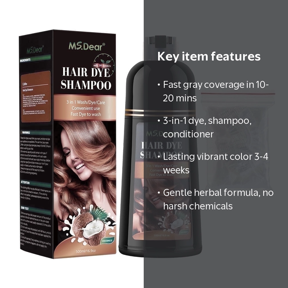 Democe, Natural Brown Hair Color Shampoo, 500ml, Gray Hair