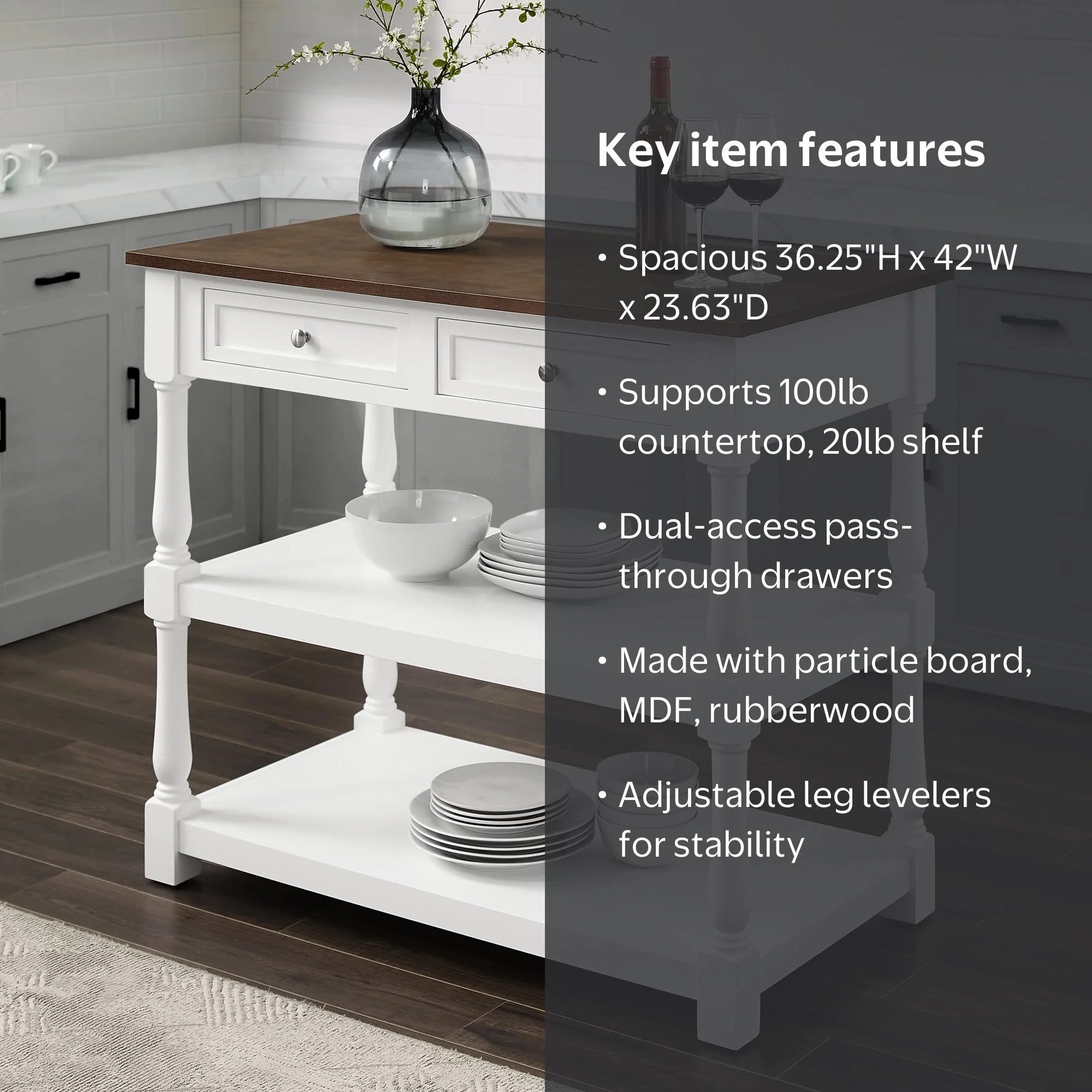Crosley Furniture Caitlyn Wood Top Kitchen Island in White/Dark