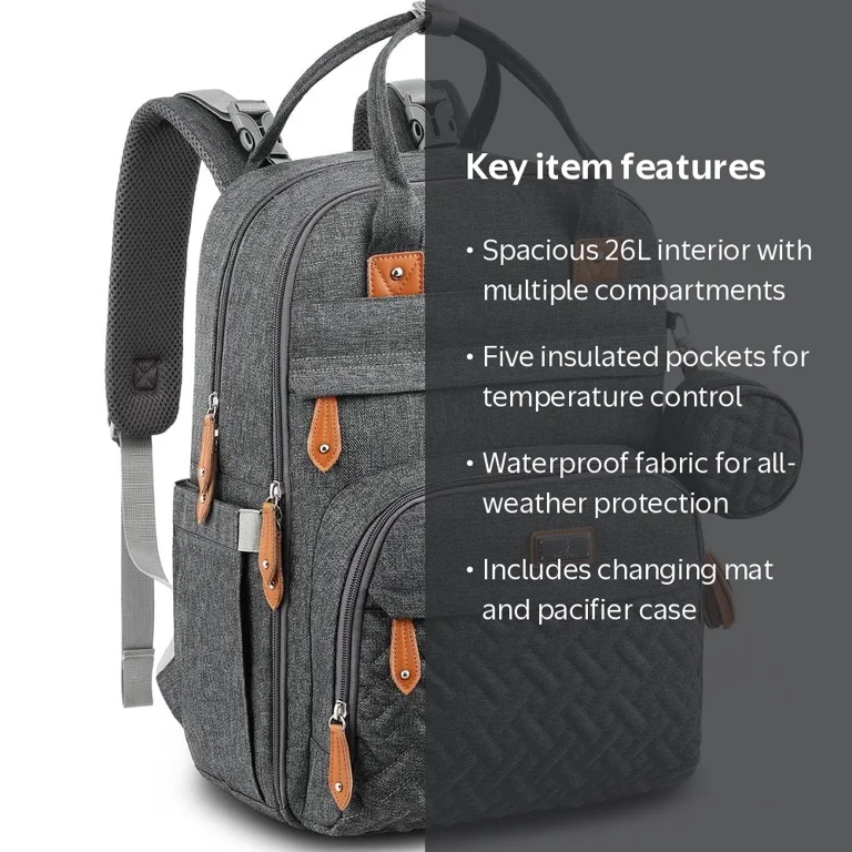 BabbleRoo Original Dark Gray Diaper Bag Backpack - Versatile Baby