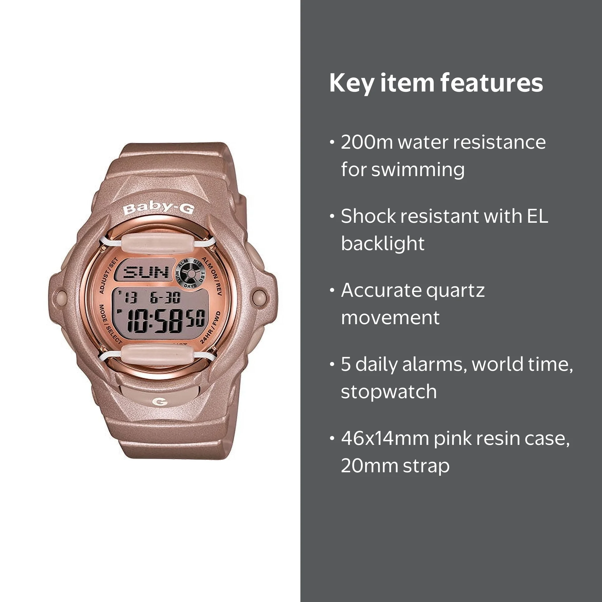 Casio Women's Baby-G Digital, Water Resistant, Rose Gold-Tone