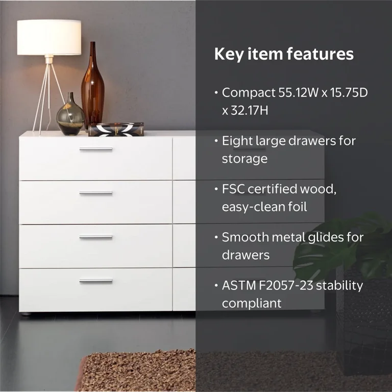 white eight drawer dresser with LED Light & Charging Station,Storage of Chest Organizer 8 for Bedroom, Living Room, Hallway Elongated brushed nickel pulls and vertical tube accents create visual interest while enhancing the dressers clean structure Loft Wooden 8 Drawer Double